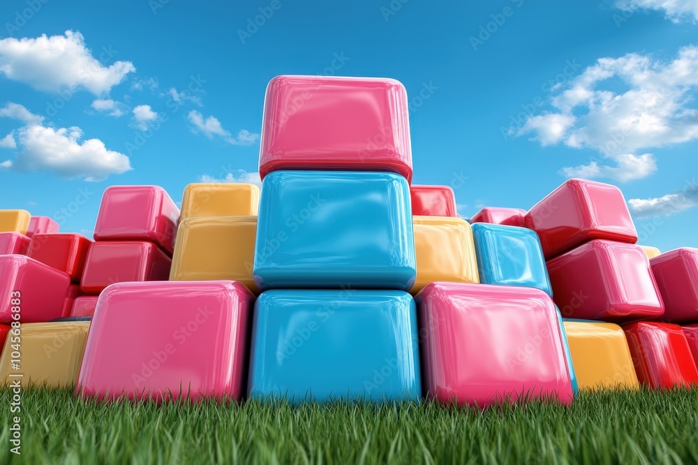 Fototapeta premium A creative display of brightly colored cubes stacked on green grass, set against a clear blue sky, representing creativity, fun, and structural simplicity.