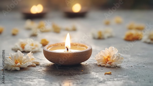 Closeup of a diya glowing in the darkness, surrounded by marigolds, sacred moment photo