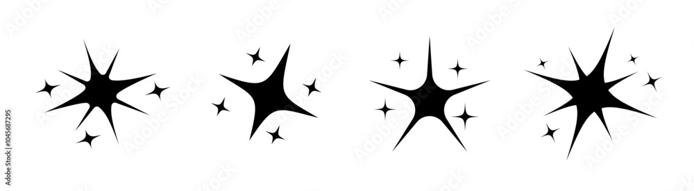 Collection of black sparkle icons featuring signs of shining and twinkling stars. Collection of black sparkle icons featuring signs of shining and twinkling stars.
