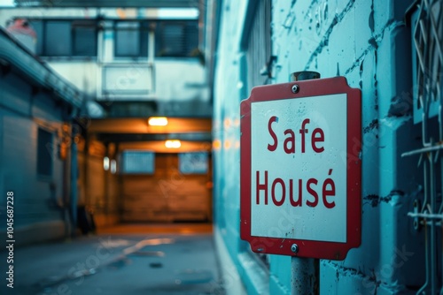 A minimalistic sign reading "Safe House" in clean font, placed at a shelter providing temporary housing for homeless individuals -