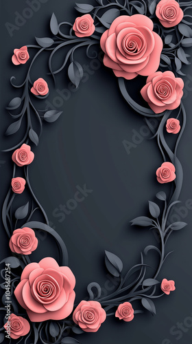 copy space, Elegant floral frame with pink roses and dark leaves, ideal for wedding invitations, greeting cards, and romantic-themed decorative design backgrounds. photo