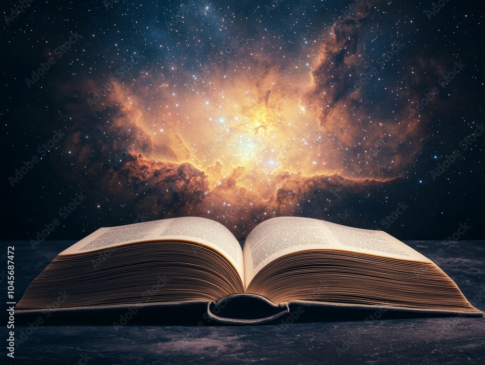 Mystical Wisdom Close-Up of Open Book with Celestial Nebula Background Mystical Wisdom Close-Up of Open Book with Celestial Nebula Background