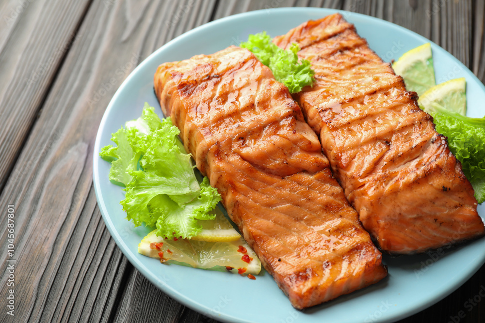 Delicious grilled salmon fillets with lettuce and lemon on wooden table, closeup Delicious grilled salmon fillets with lettuce and lemon on wooden table, closeup