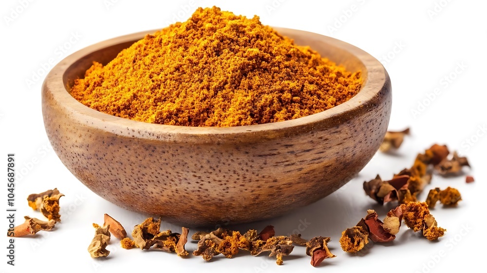 Turmeric Powder in Wooden Bowl with Dried Turmeric Pieces Turmeric Powder in Wooden Bowl with Dried Turmeric Pieces