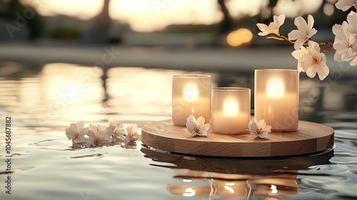 Floating lanterns reflecting in water, serene and peaceful Festival of Lights photo