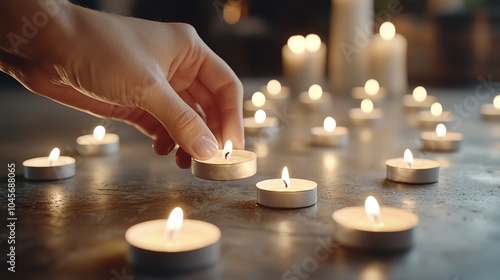 Hands arranging bright candles in a pattern, intimate and traditional Festival of Lights photo