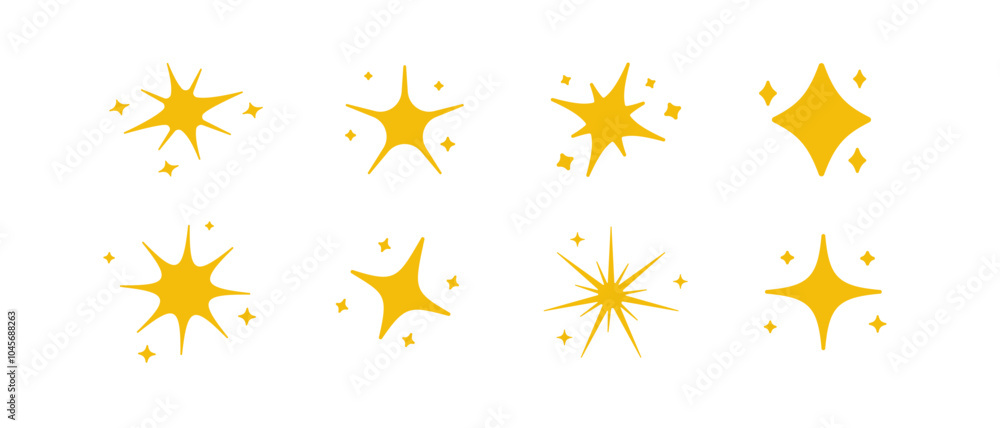 Set of minimalistic icon of gold starts. Space minimalistic icons outline. Yellow sparkles icons. Set of minimalistic icon of gold starts. Space minimalistic icons outline. Yellow sparkles icons.