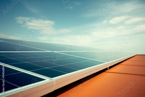 solar panels installed on a house roof, with a warm orange sky in the background. The photovoltaic panels gleam in the sunlight, showcasing the integration of modern technology photo