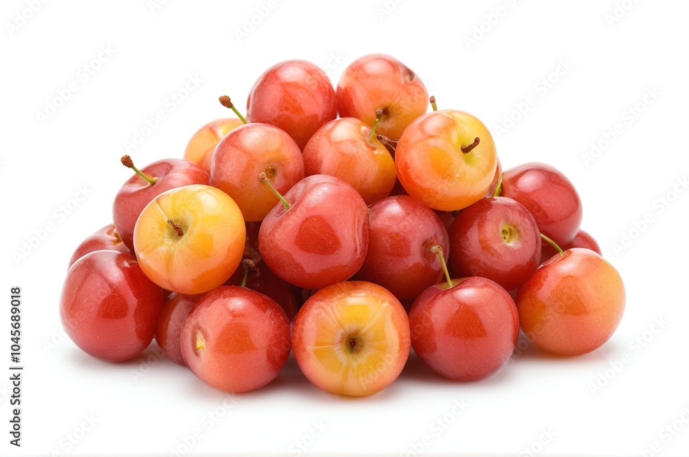 Close-up View of Freshly Picked Rainier Cherries Stacked Neatly on a White Background Close-up View of Freshly Picked Rainier Cherries Stacked Neatly on a White Background