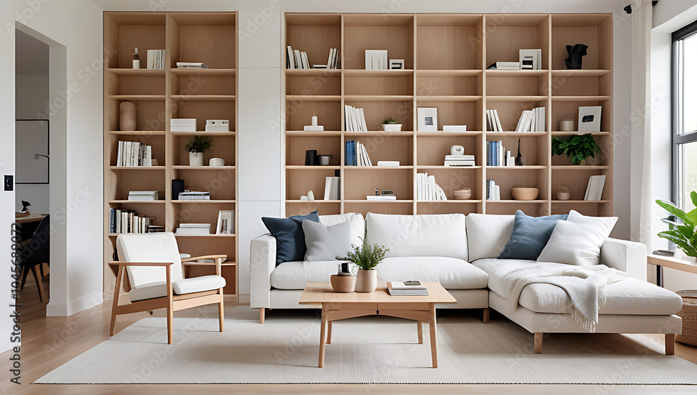 modern scandinavian living room features white sofa wooden bookcase cozy home setting natural tones modern scandinavian living room features white sofa wooden bookcase cozy home setting natural tones