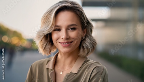 A confident, happy British woman with a serene expression, looking directly at the camera.