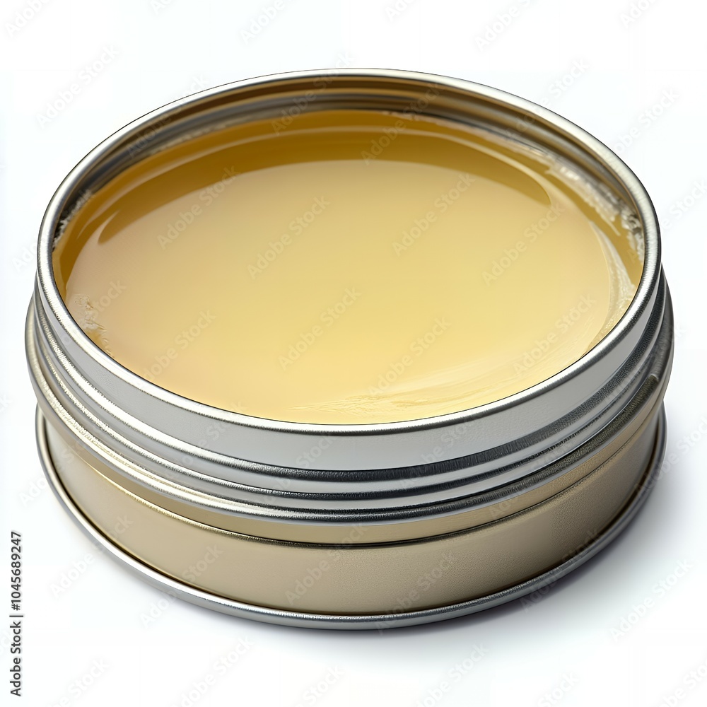 A close-up of a yellow balm in a tin. A close-up of a yellow balm in a tin.