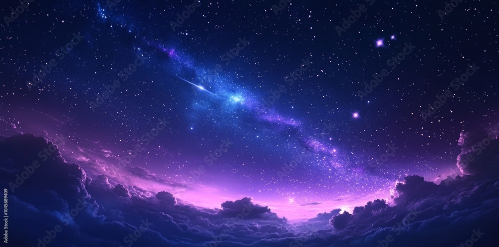 A vibrant starry night sky with a bright streak of light and a pink horizon. A vibrant starry night sky with a bright streak of light and a pink horizon.