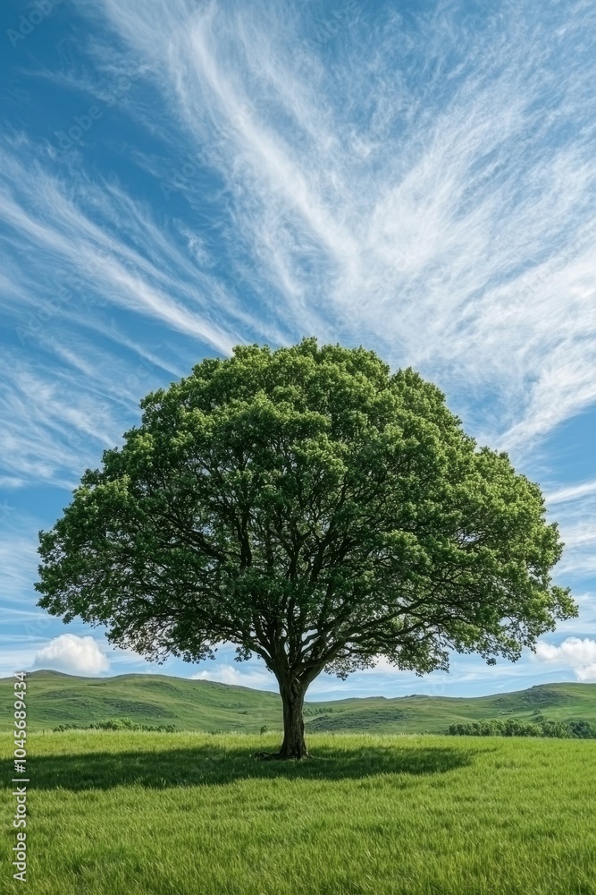 Obraz premium Tranquil Tree Canopy Vibrant Green Foliage Under Clear Blue Sky with Wispy Clouds - Peaceful Nature Landscape