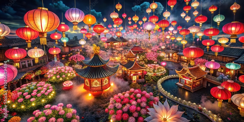 Festive Chinese New Year Silhouettes with Lanterns, Clouds, and Traditional Patterns Festive Chinese New Year Silhouettes with Lanterns, Clouds, and Traditional Patterns