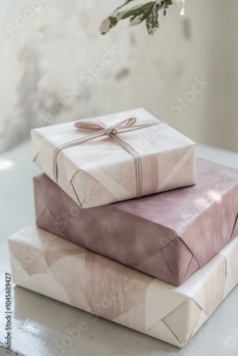 Elegant gift boxes with neutral wrapping and delicate ribbon arrangement