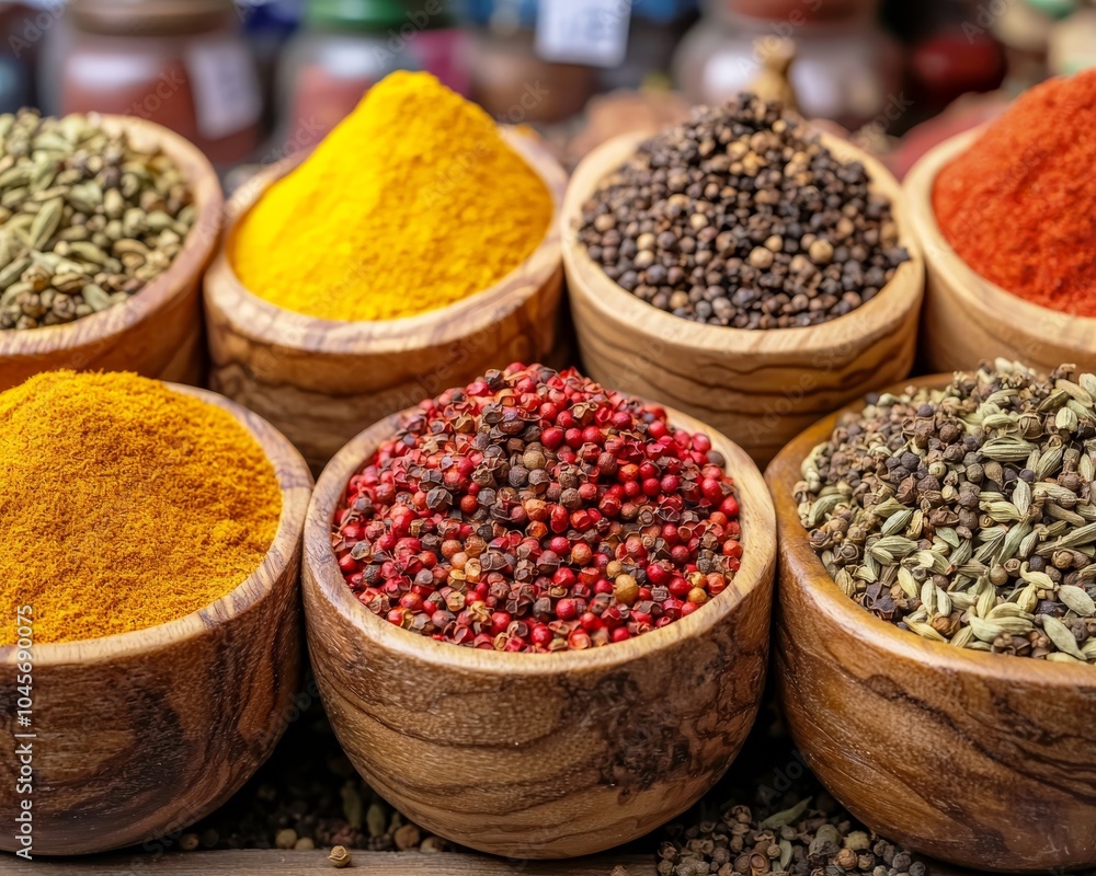 Vibrant Red Peppercorns in Wooden Bowls - Rustic Spice Arrangement on Wooden Surface, Cozy Kitchen Setting Vibrant Red Peppercorns in Wooden Bowls - Rustic Spice Arrangement on Wooden Surface, Cozy Kitchen Setting