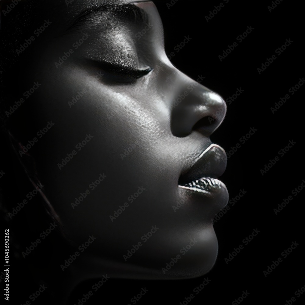 Serene side profile of a woman with minimal light and textured skin on black background Serene side profile of a woman with minimal light and textured skin on black background