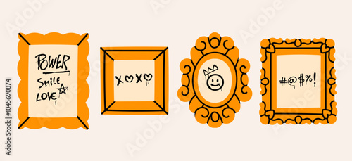 Graffiti text, tag, street art in decorative Frames. Modern art concept. Museum, exhibition  frames. Elegant, grunge flat style. Hand drawn Vector illustration. All elements are isolated