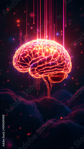 A stylized glowing human brain with red light streaks and starlike lights in a dark background with subtle hills.