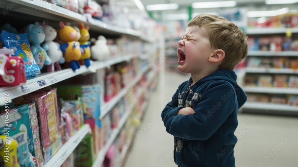 A young boy cries loudly in a store aisle, surrounded by colorful toys, capturing a moment of childhood frustration and desire. A young boy cries loudly in a store aisle, surrounded by colorful toys, capturing a moment of childhood frustration and desire.