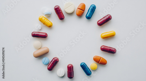 A close-up of various colorful pills and capsules arranged in a circular pattern on a white surface