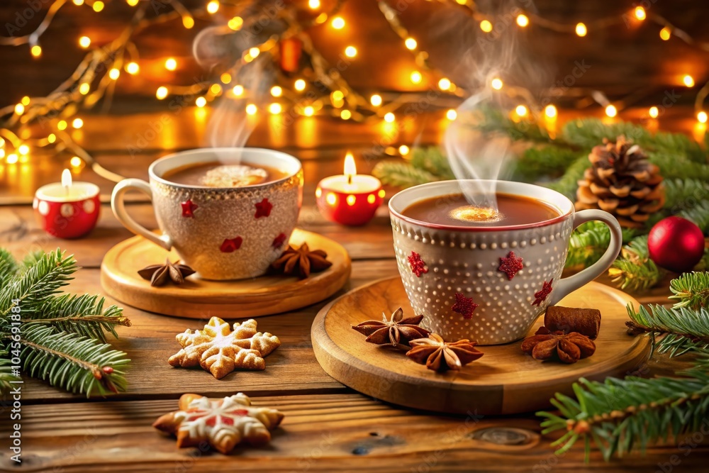 Fototapeta premium Festive Christmas Coffee Cups: Cozy Holiday Vibes and Warmth in Product Photography