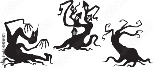 Naked trees silhouettes set Leafless Tree, Dead Tree, Trunk Branches drawn isolated illustrations dead Trees silhouette dry tree silhouette with scary look for Halloween halloween tree silhouette set