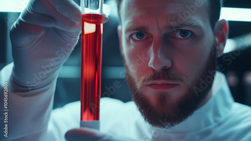 A scientist holding a test tube with a vibrant liquid inside, examining its contents in a lab