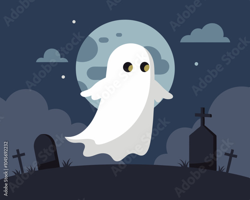  illustration of a Ghostly Apparition - A floating ghost silhouette drifting through a graveyard vector design