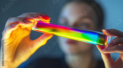 A scientist holding a test tube with a vibrant liquid inside, examining its contents in a lab