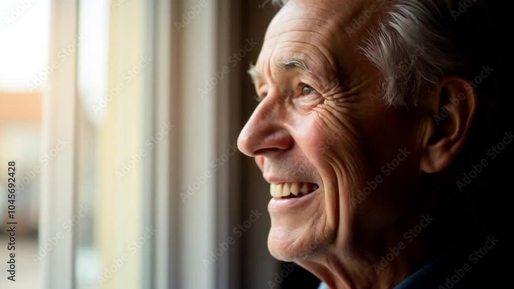Close-up of elderly man smiling and looking out window. Aging and Well-being Concept. Perfect for themes Aging and Happiness, Elderly Care Close-up of elderly man smiling and looking out window. Aging and Well-being Concept. Perfect for themes Aging and Happiness, Elderly Care
