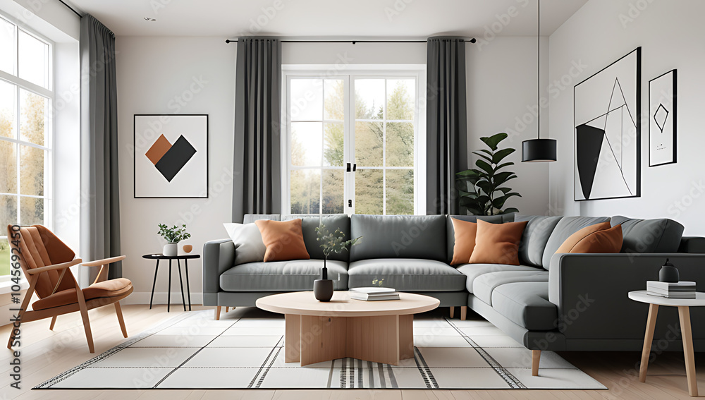 scandinavian inspired home features plush sofa traditional plaid pattern cozy inviting modern living room atmosphere scandinavian inspired home features plush sofa traditional plaid pattern cozy inviting modern living room atmosphere