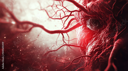 A detailed illustration of the human circulatory system, focusing on arteries and veins