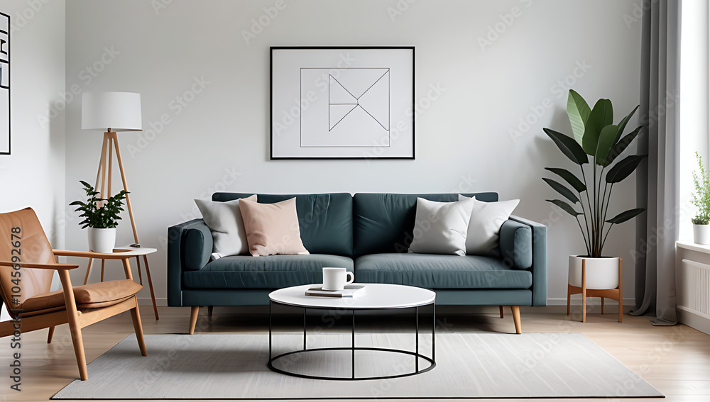 scandinavian style coffee table sits near sofa armchair wall mockup poster frame modern living room setting scandinavian style coffee table sits near sofa armchair wall mockup poster frame modern living room setting