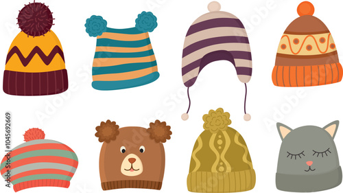 Set of different cute winter hats. Vector illustration of warm headwear