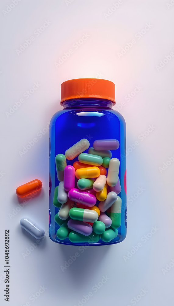 Color bottle with vitamins in capsules on light background top view isolated with white highlights, png Color bottle with vitamins in capsules on light background top view isolated with white highlights, png