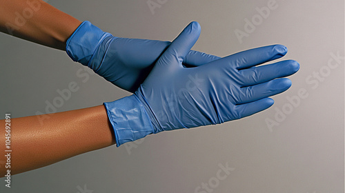 A pair of blue latex gloves being put on, highlighting hygiene and sterility in medicine