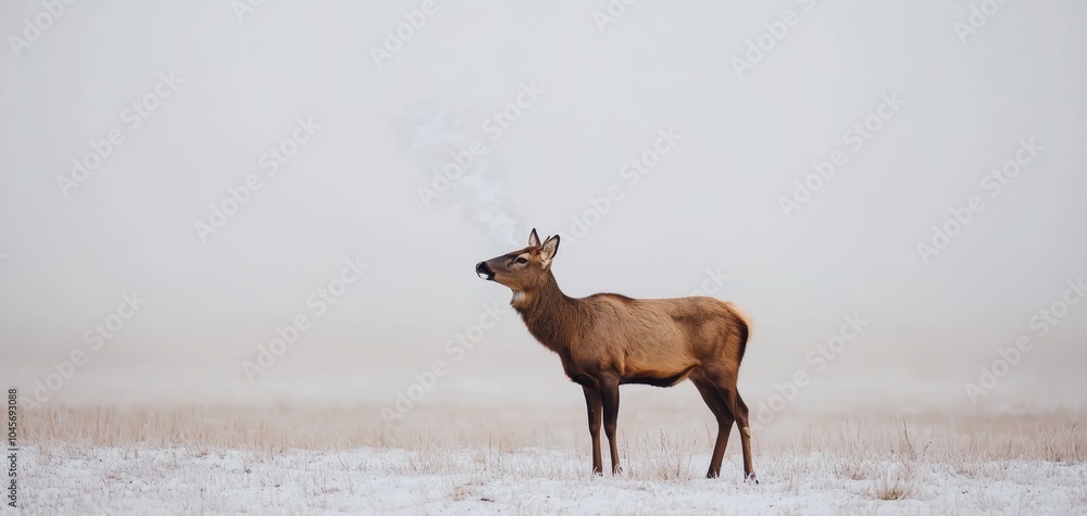 A majestic deer breathing in the misty winter landscape capturing the serenity of nature's beauty and the graceful presence of wildlife in a snow-covered field