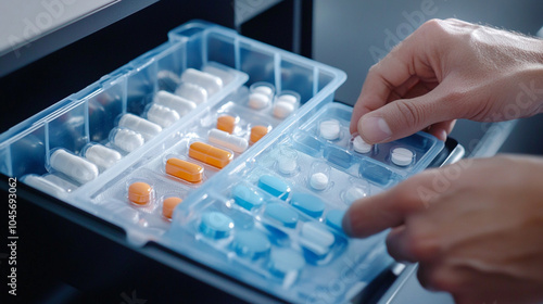 A patient taking medication from a weekly pill organizer, showcasing adherence to a schedule