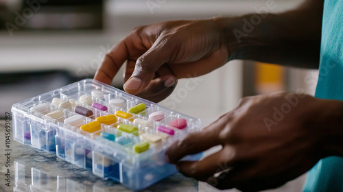 A patient taking medication from a weekly pill organizer, showcasing adherence to a schedule
