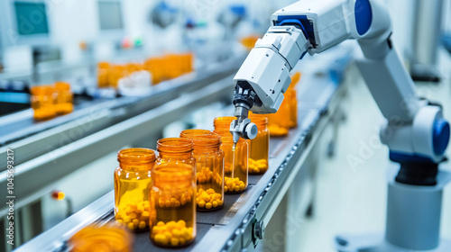A robotic arm dispensing medicine into pill bottles on an automated production line