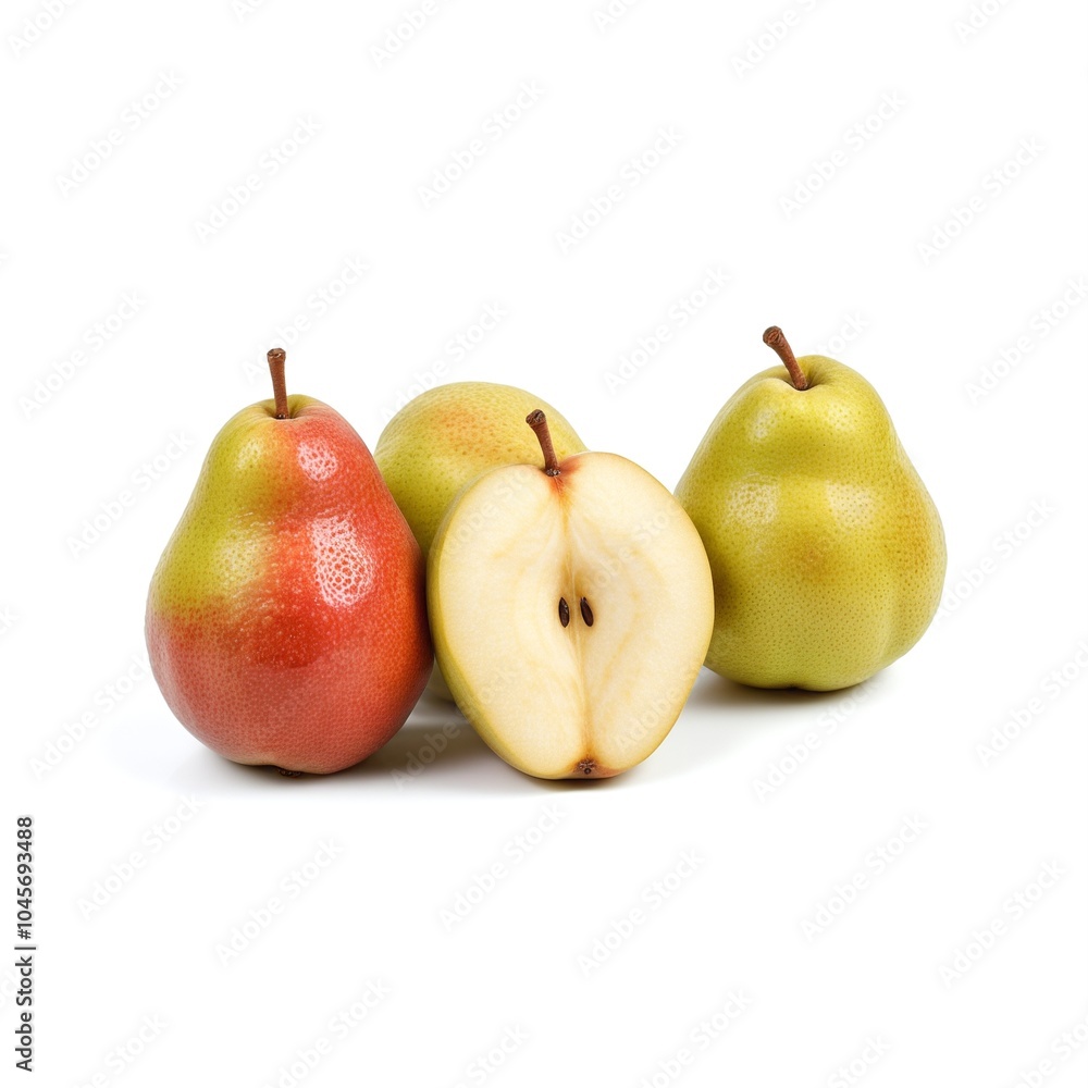 Fresh Starkrimson Pears in Whole and Half Forms on White Backdrop Fresh Starkrimson Pears in Whole and Half Forms on White Backdrop