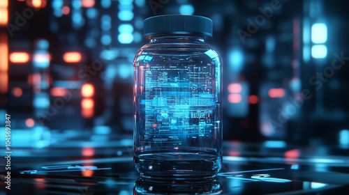 A futuristic medicine bottle with a holographic label displaying details of the medication