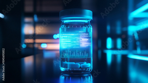 A futuristic medicine bottle with a holographic label displaying details of the medication