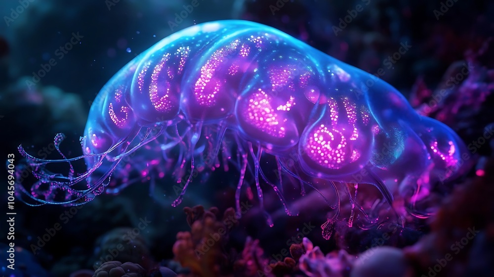 Bioluminescent Jellyfish in Underwater Coral Reef Bioluminescent Jellyfish in Underwater Coral Reef