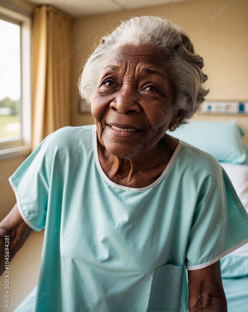 Hopeful Woman in Hospital Gown Smiling Brightly Hopeful Woman in Hospital Gown Smiling Brightly