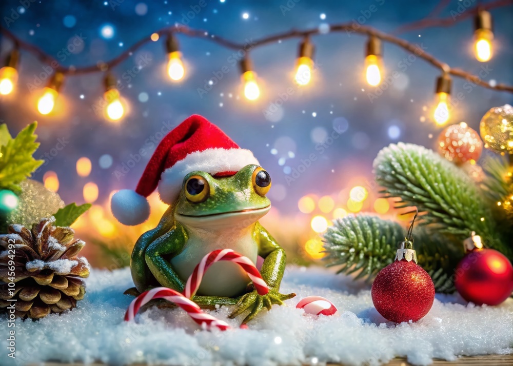 Festive Christmas Frog with Holiday Decorations and Cheerful Background for Product Photography Festive Christmas Frog with Holiday Decorations and Cheerful Background for Product Photography