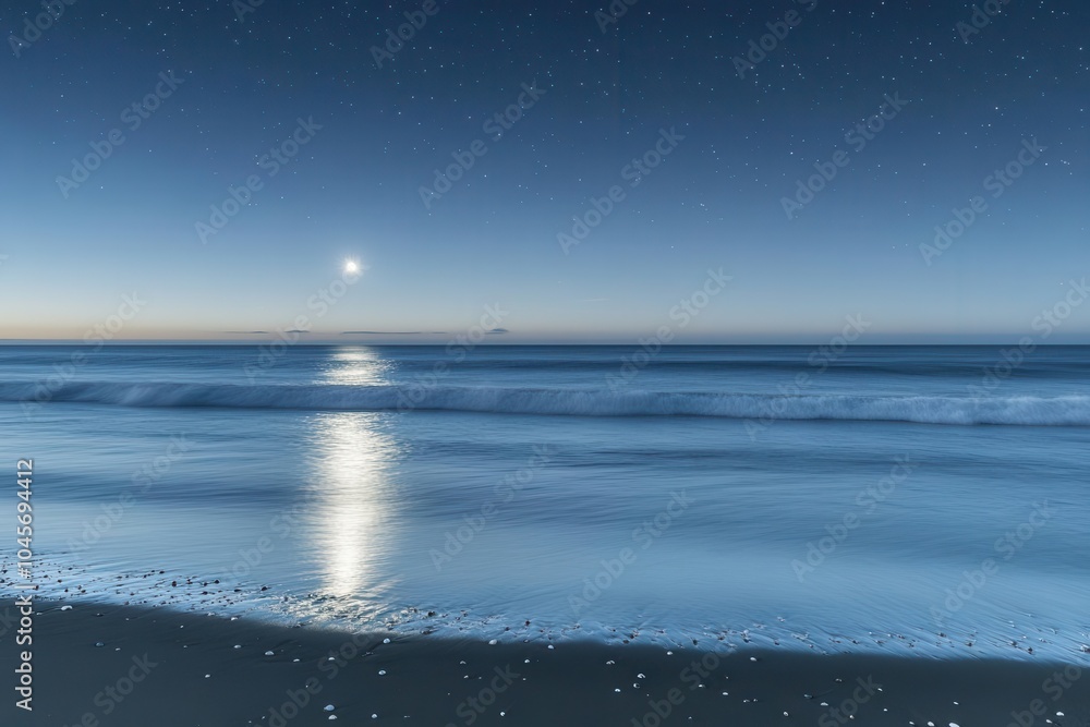 Serene moonlight reflecting off calm ocean waves, casting a soft glow on the tranquil water beneath a starry sky Serene moonlight reflecting off calm ocean waves, casting a soft glow on the tranquil water beneath a starry sky