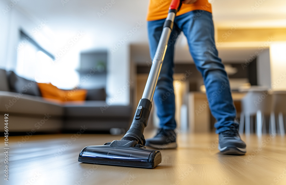 Fototapeta premium young man is using his black vacuum cleaner to clean the wooden floor of a modern home interior. He holds mobile phone in his hand while cleaning the house.